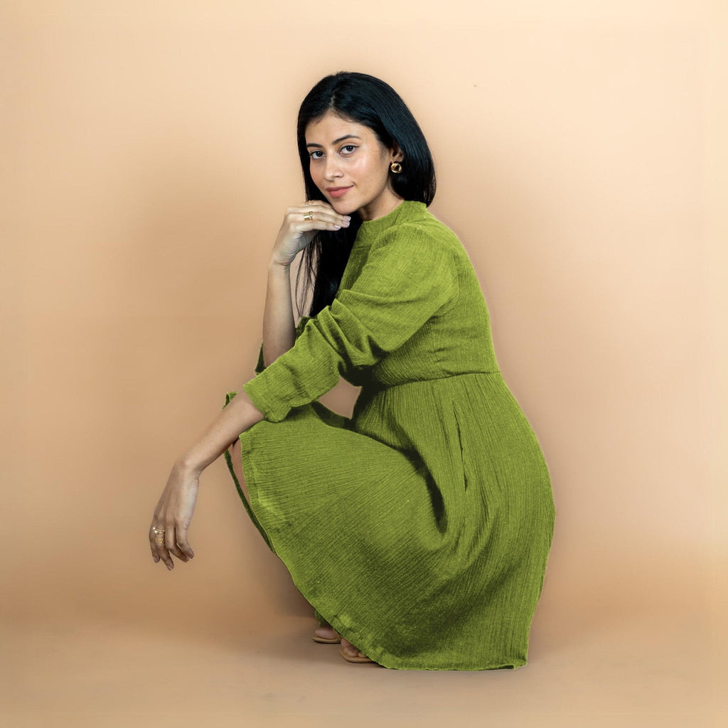 Leaf Green Crinkled Cotton Flax Fit and Flare Maxi Empire Dress