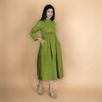 Leaf Green Crinkled Cotton Flax Fit and Flare Maxi Empire Dress