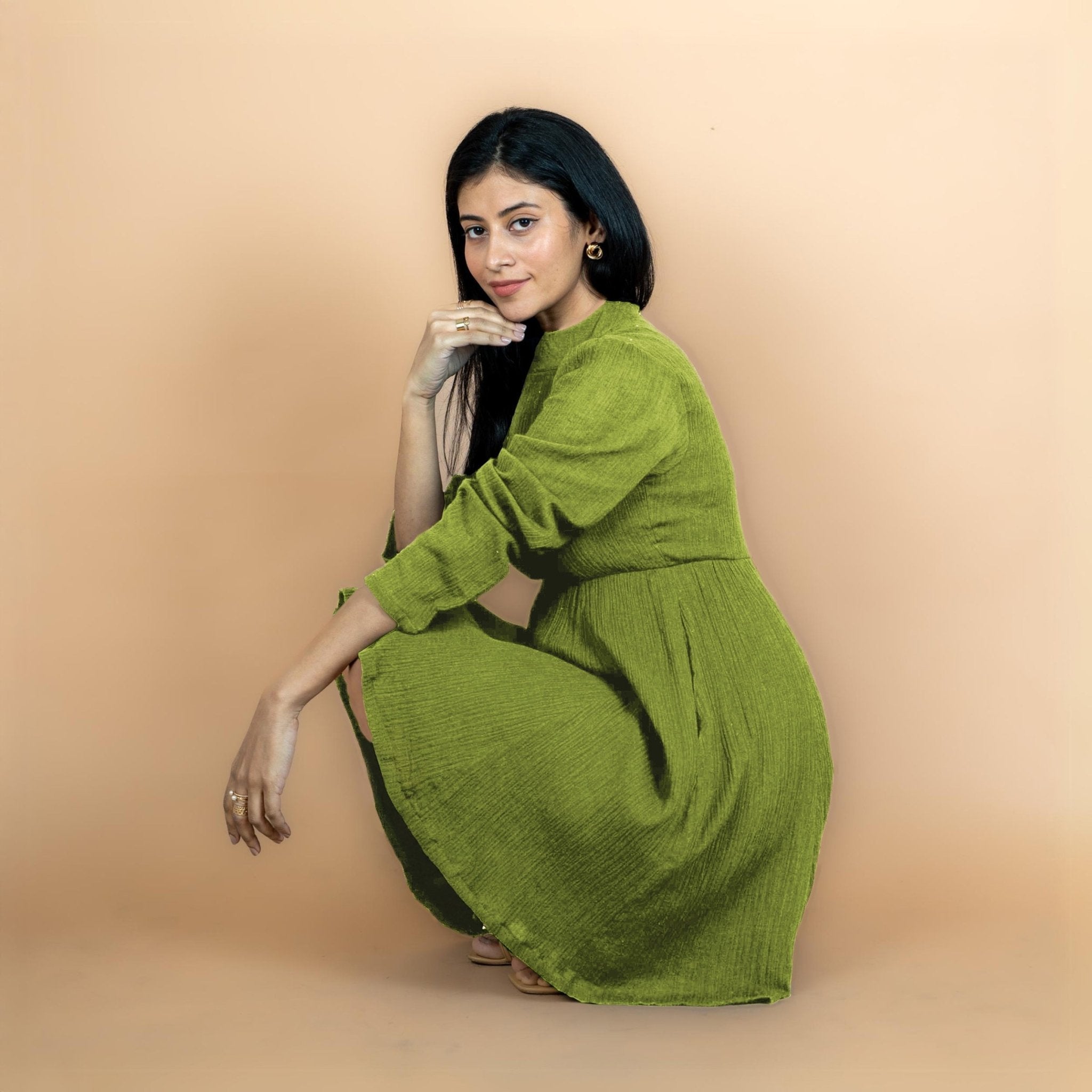 Leaf Green Crinkled Cotton Flax Fit and Flare Short Empire Dress