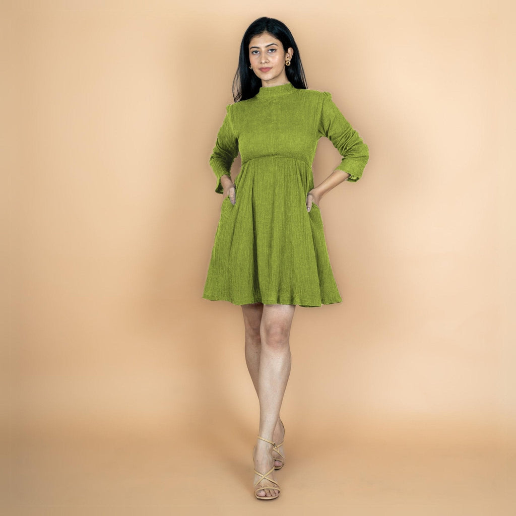 Leaf Green Crinkled Cotton Flax Fit and Flare Short Empire Dress