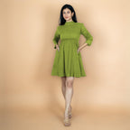 Leaf Green Crinkled Cotton Flax Fit and Flare Short Empire Dress