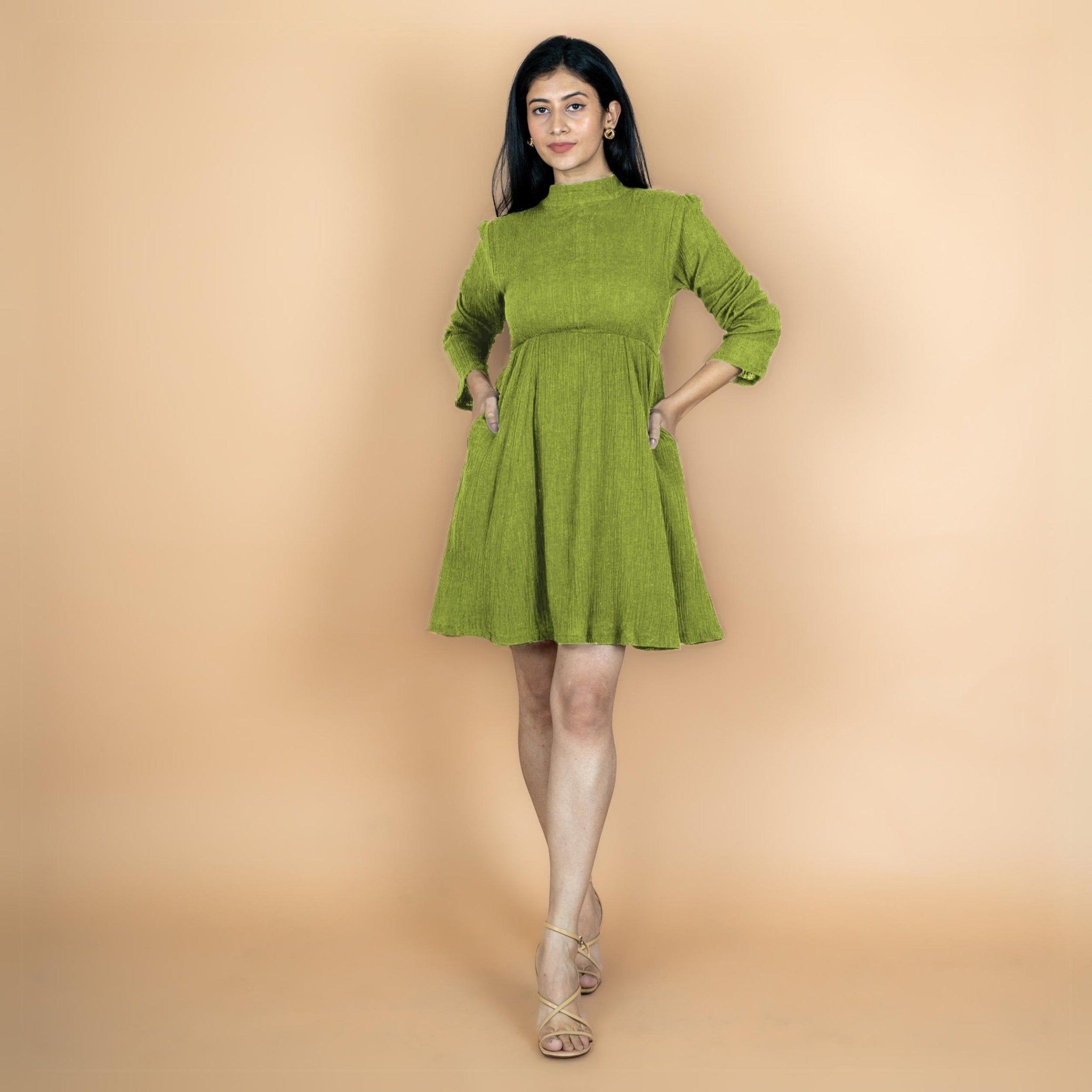 Leaf Green Crinkled Cotton Flax Fit and Flare Short Empire Dress
