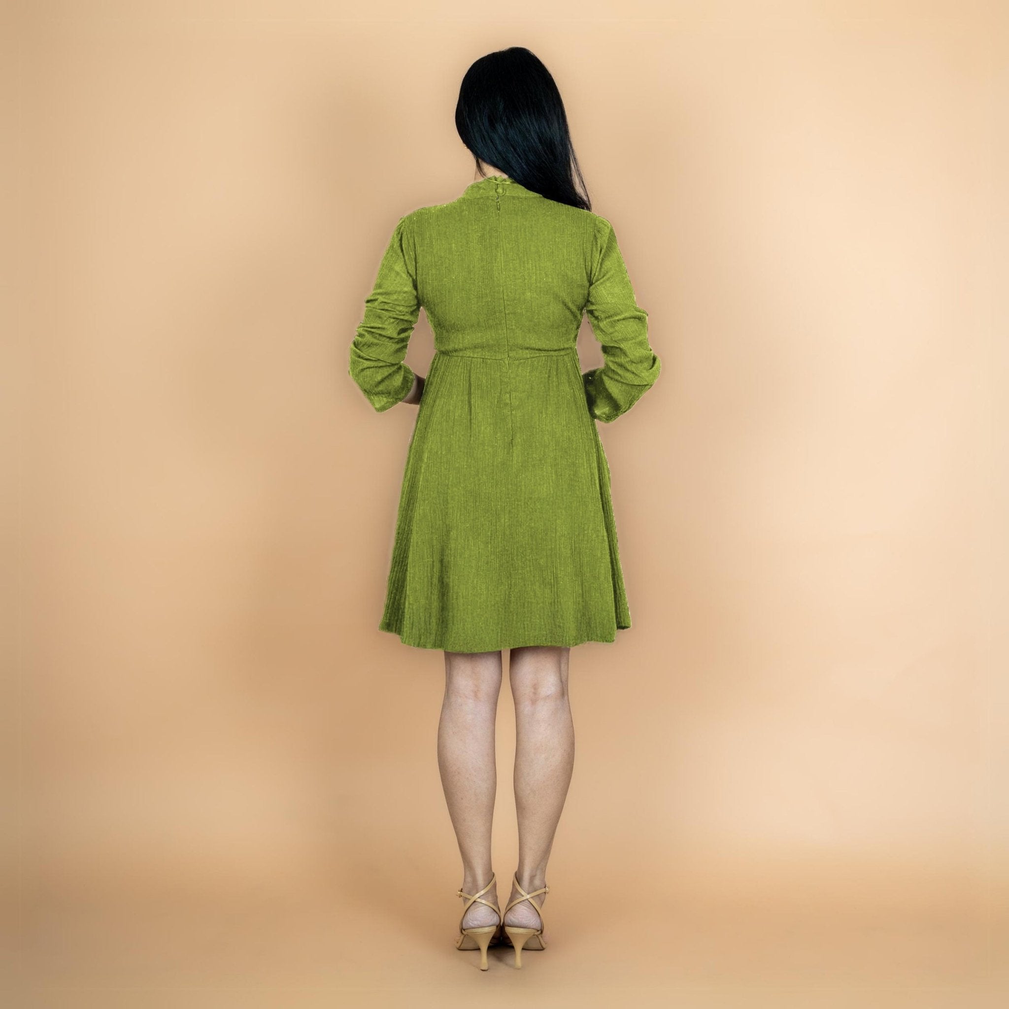 Leaf Green Crinkled Cotton Flax Fit and Flare Short Empire Dress