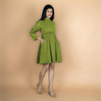 Leaf Green Crinkled Cotton Flax Fit and Flare Short Empire Dress