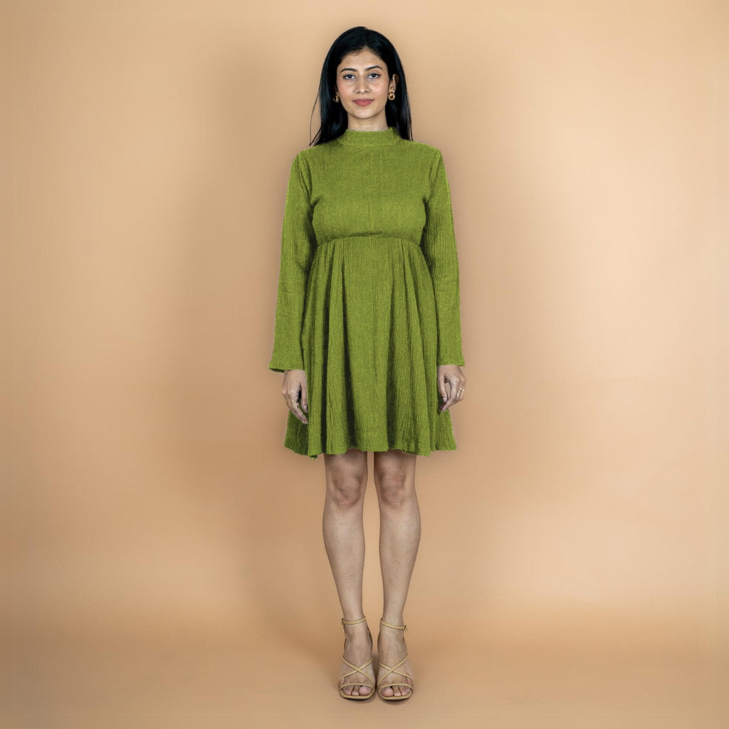Leaf Green Crinkled Cotton Flax Fit and Flare Short Empire Dress