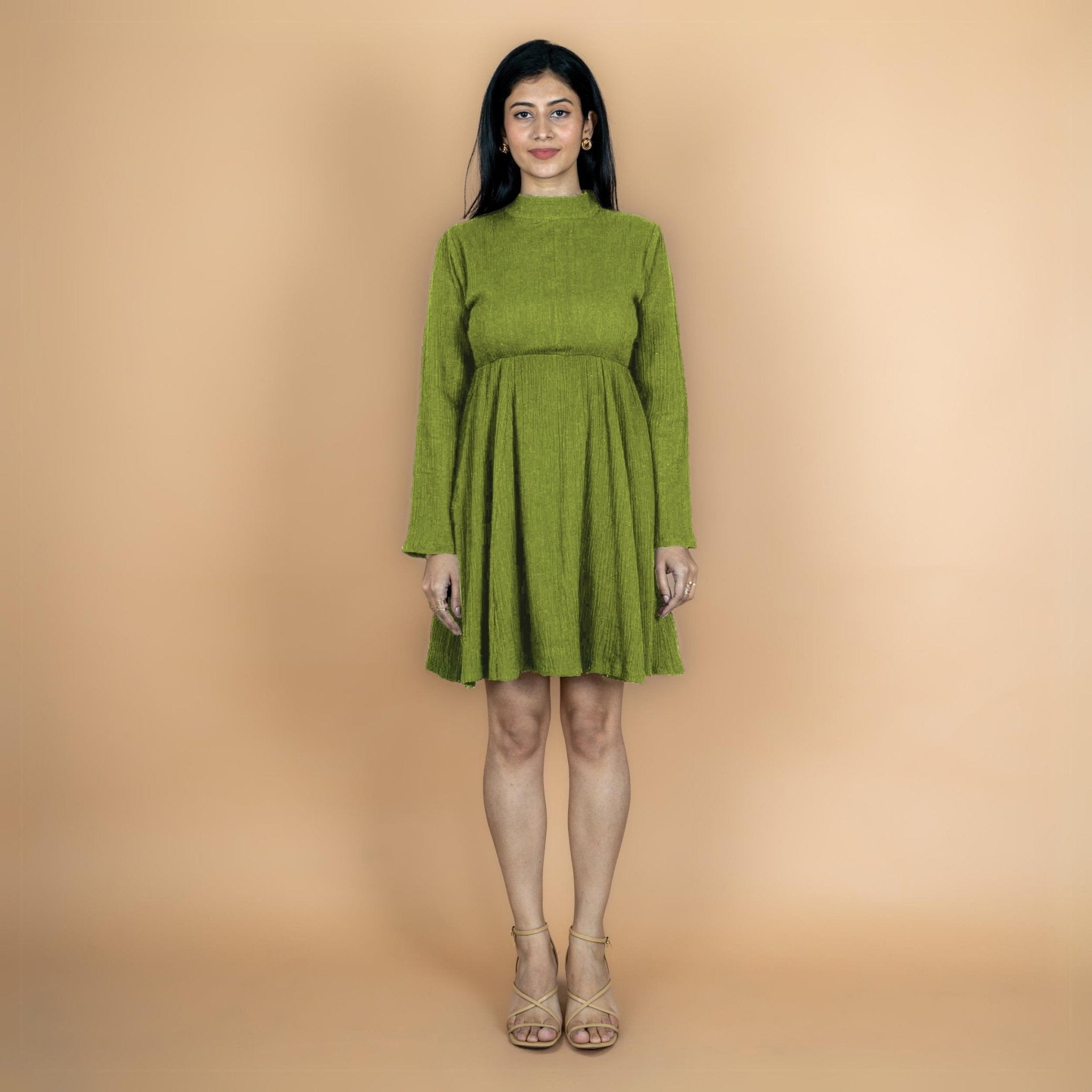 Leaf Green Crinkled Cotton Flax Fit and Flare Short Empire Dress