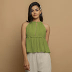 Leaf Green Crinkled Cotton Flax Halter Neck Flared Top