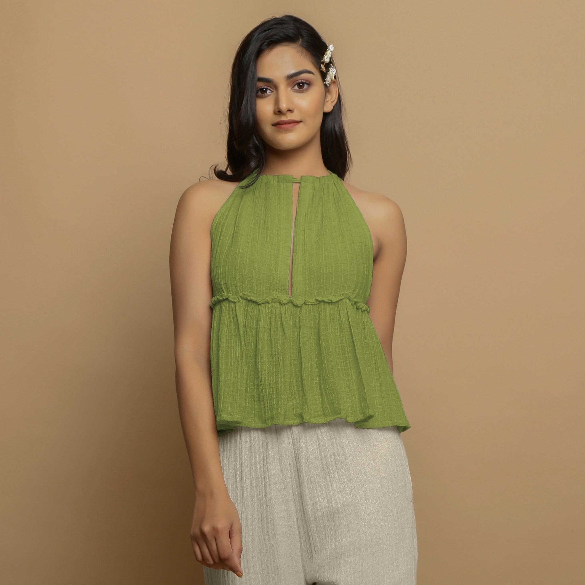 Leaf Green Crinkled Cotton Flax Halter Neck Flared Top
