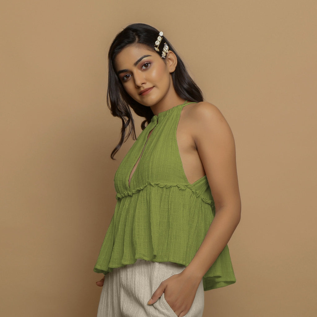 Leaf Green Crinkled Cotton Flax Halter Neck Flared Top