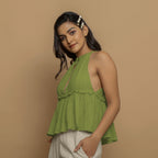 Leaf Green Crinkled Cotton Flax Halter Neck Flared Top