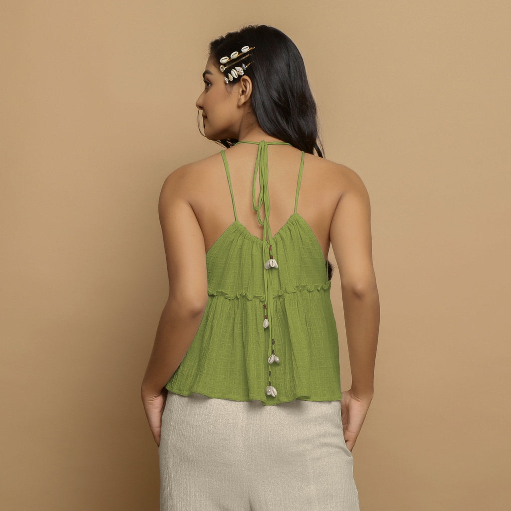Leaf Green Crinkled Cotton Flax Halter Neck Flared Top