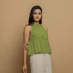 Leaf Green Crinkled Cotton Flax Halter Neck Flared Top