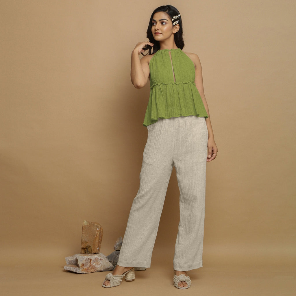 Leaf Green Crinkled Cotton Flax Halter Neck Flared Top