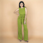 Leaf Green Crinkled Cotton Flax High-Rise Flared Pant