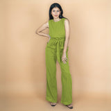 Leaf Green Crinkled Cotton Flax High-Rise Flared Pant