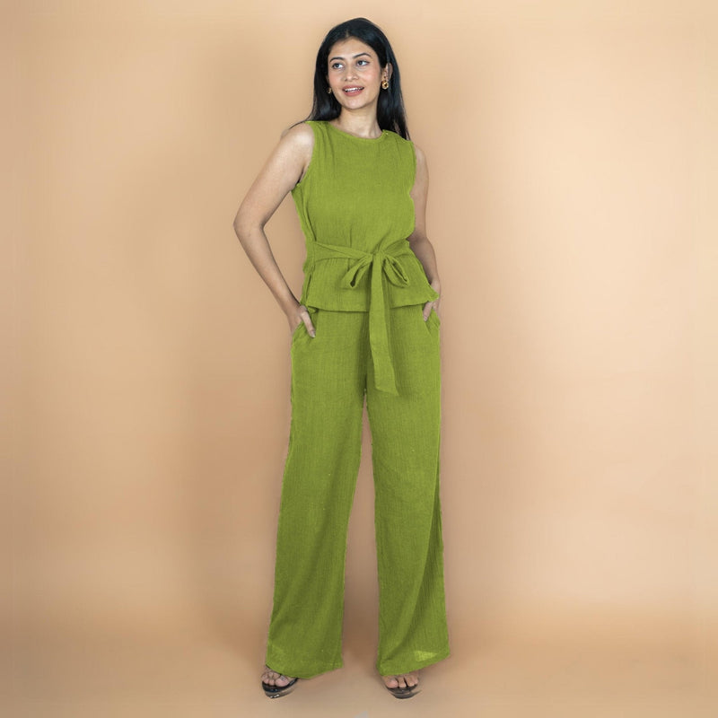 Leaf Green Crinkled Cotton Flax High-Rise Flared Pant