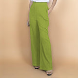 Leaf Green Crinkled Cotton Flax High-Rise Flared Pant