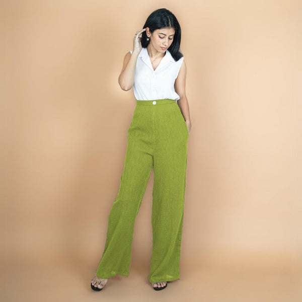 Leaf Green Crinkled Cotton Flax High-Rise Flared Pant