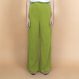 Leaf Green Crinkled Cotton Flax High-Rise Flared Pant