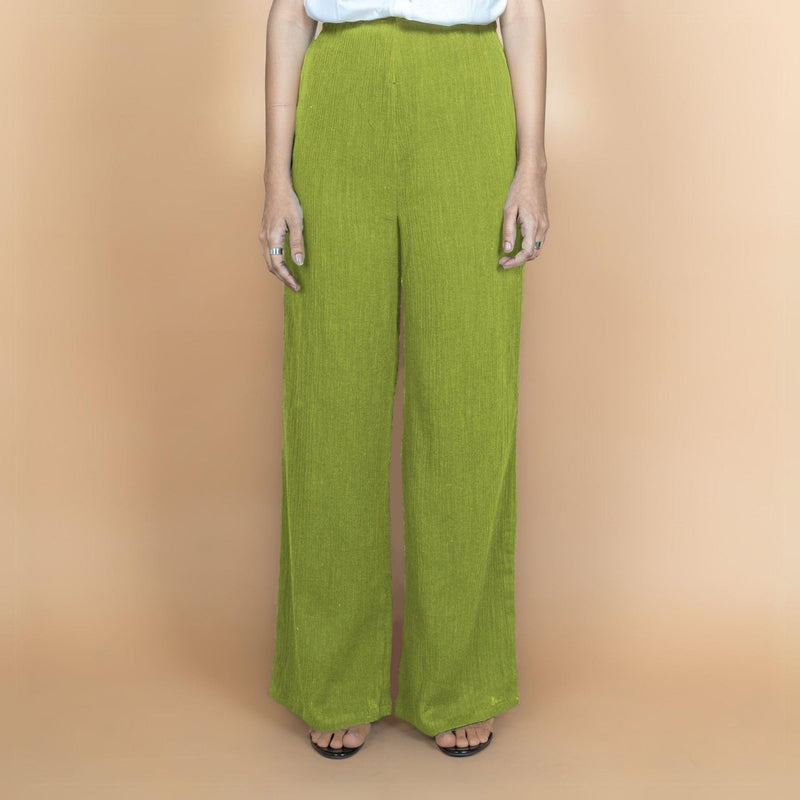 Leaf Green Crinkled Cotton Flax High-Rise Flared Pant