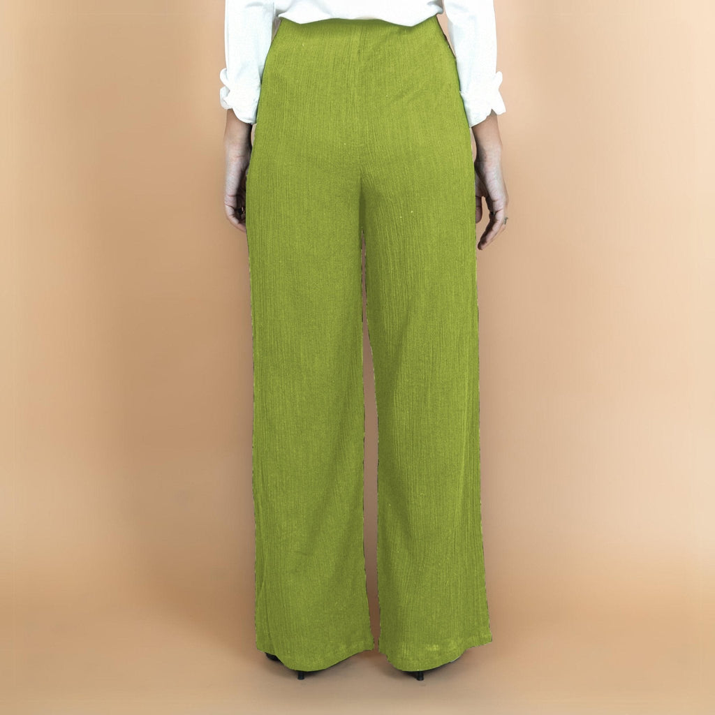 Leaf Green Crinkled Cotton Flax High-Rise Flared Pant