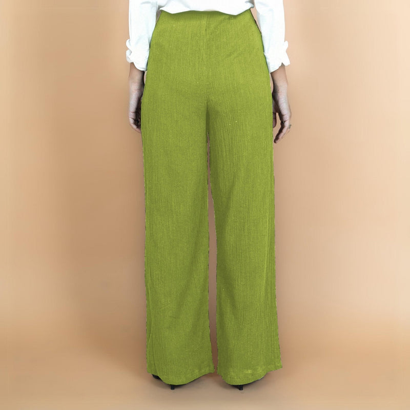 Leaf Green Crinkled Cotton Flax High-Rise Flared Pant