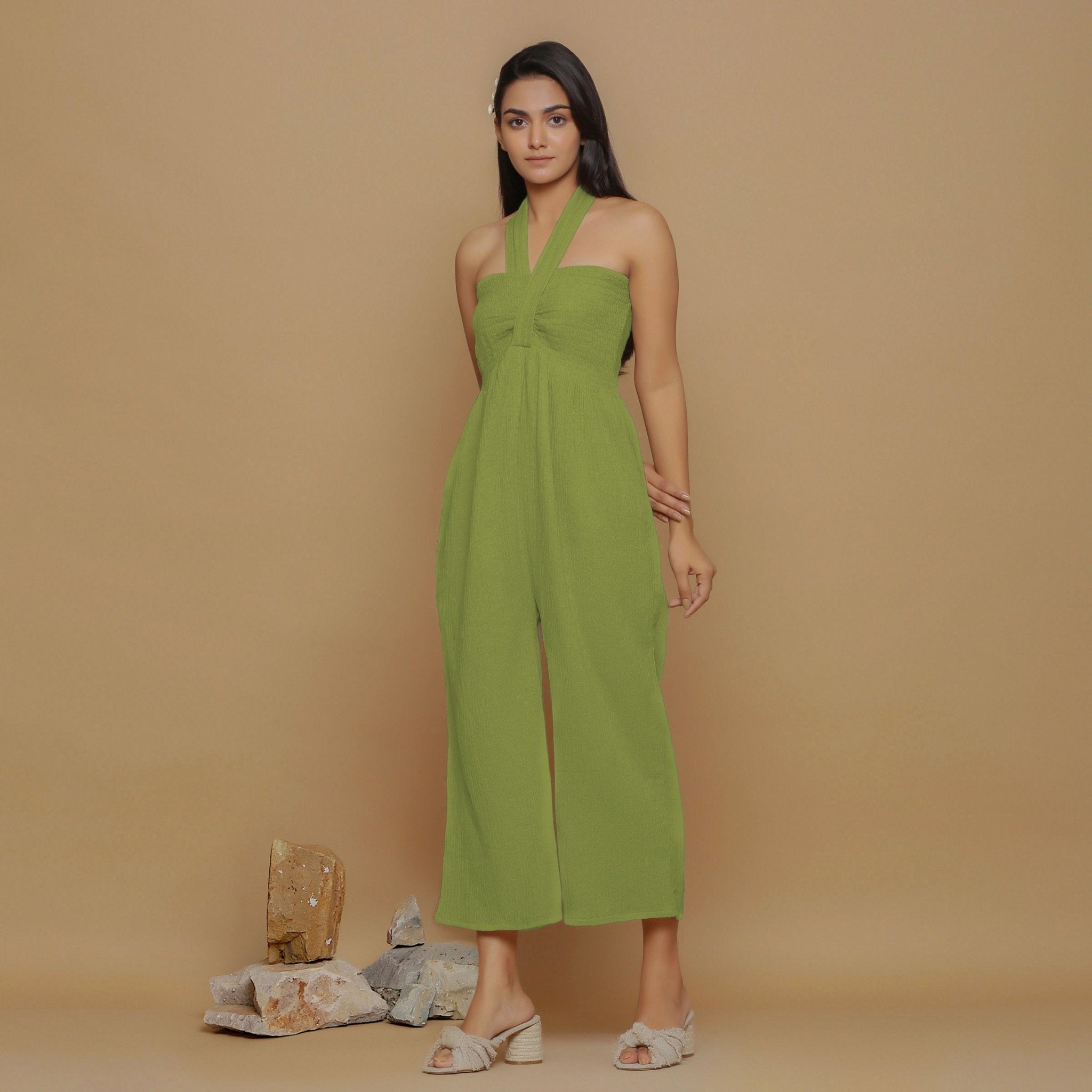 Leaf Green Crinkled Cotton Flax High-Rise Jumpsuit