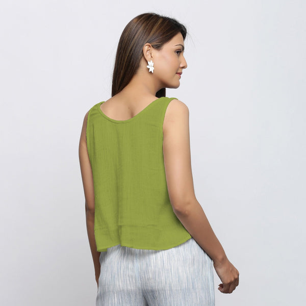 Leaf Green Crinkled Cotton Flax Round Neck Sleeveless Top