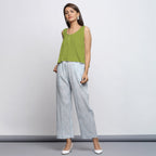 Leaf Green Crinkled Cotton Flax Round Neck Sleeveless Top