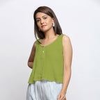 Leaf Green Crinkled Cotton Flax Round Neck Sleeveless Top