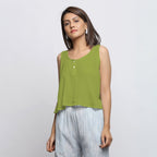 Leaf Green Crinkled Cotton Flax Round Neck Sleeveless Top