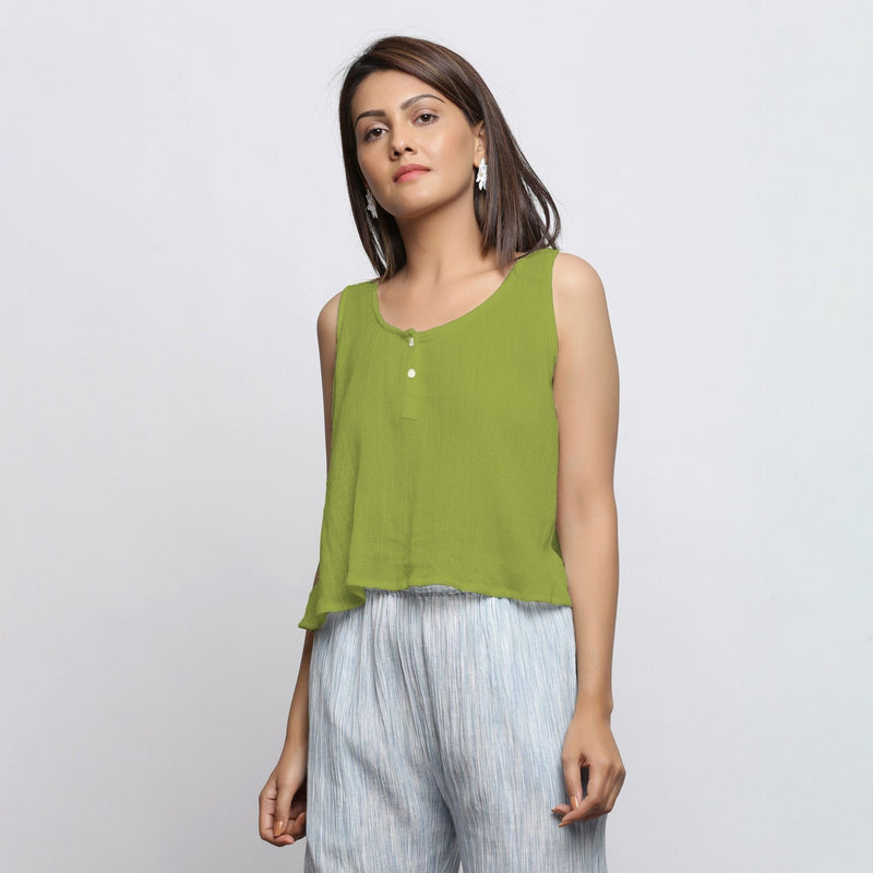 Leaf Green Crinkled Cotton Flax Round Neck Sleeveless Top