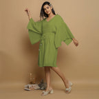 Leaf Green Crinkled Cotton Flax V-Neck Drop Shoulder Knee Length Dress