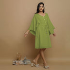 Leaf Green Crinkled Cotton Flax V-Neck Drop Shoulder Knee Length Dress