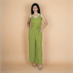 Leaf Green Crinkled Cotton Flax V-Neck Strap Sleeve Jumpsuit