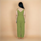 Leaf Green Crinkled Cotton Flax V-Neck Strap Sleeve Jumpsuit