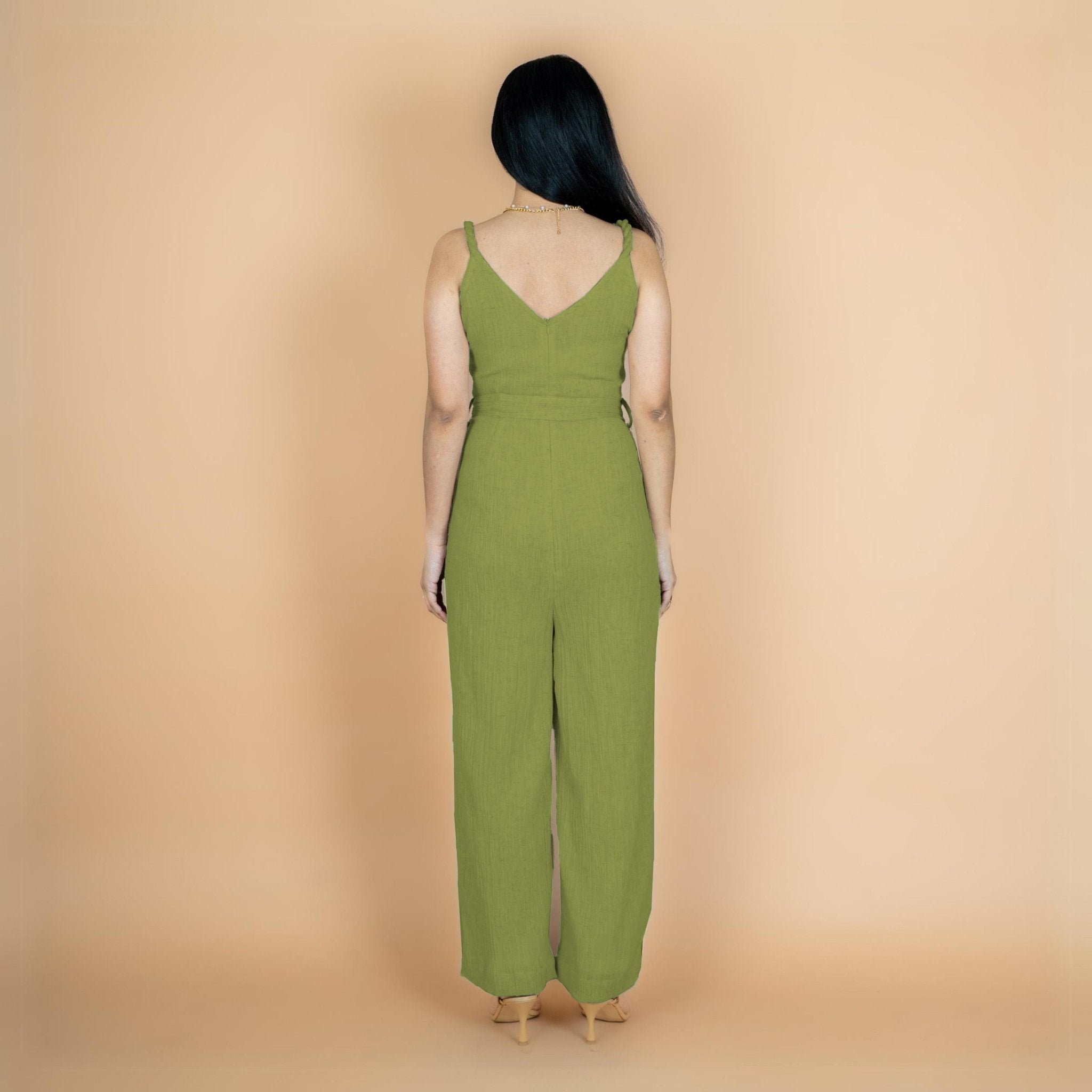 Leaf Green Crinkled Cotton Flax V-Neck Strap Sleeve Jumpsuit