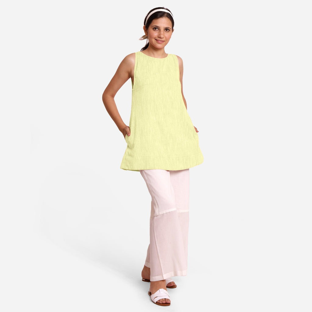 Front View of a Model wearing Lemon Yellow 100% Cotton Mini Tunic