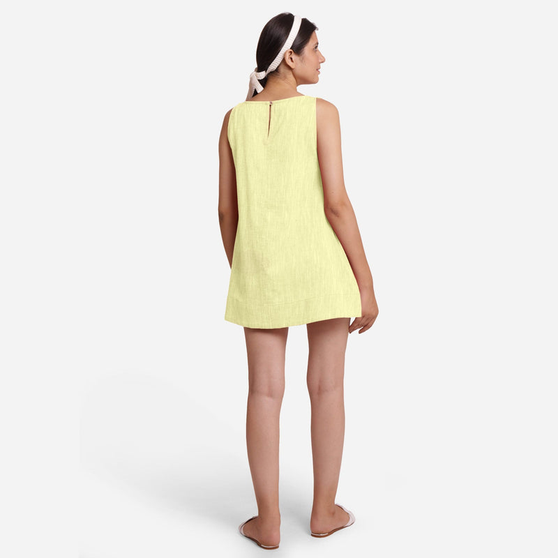Back View of a Model wearing Lemon Yellow 100% Cotton Mini Tunic