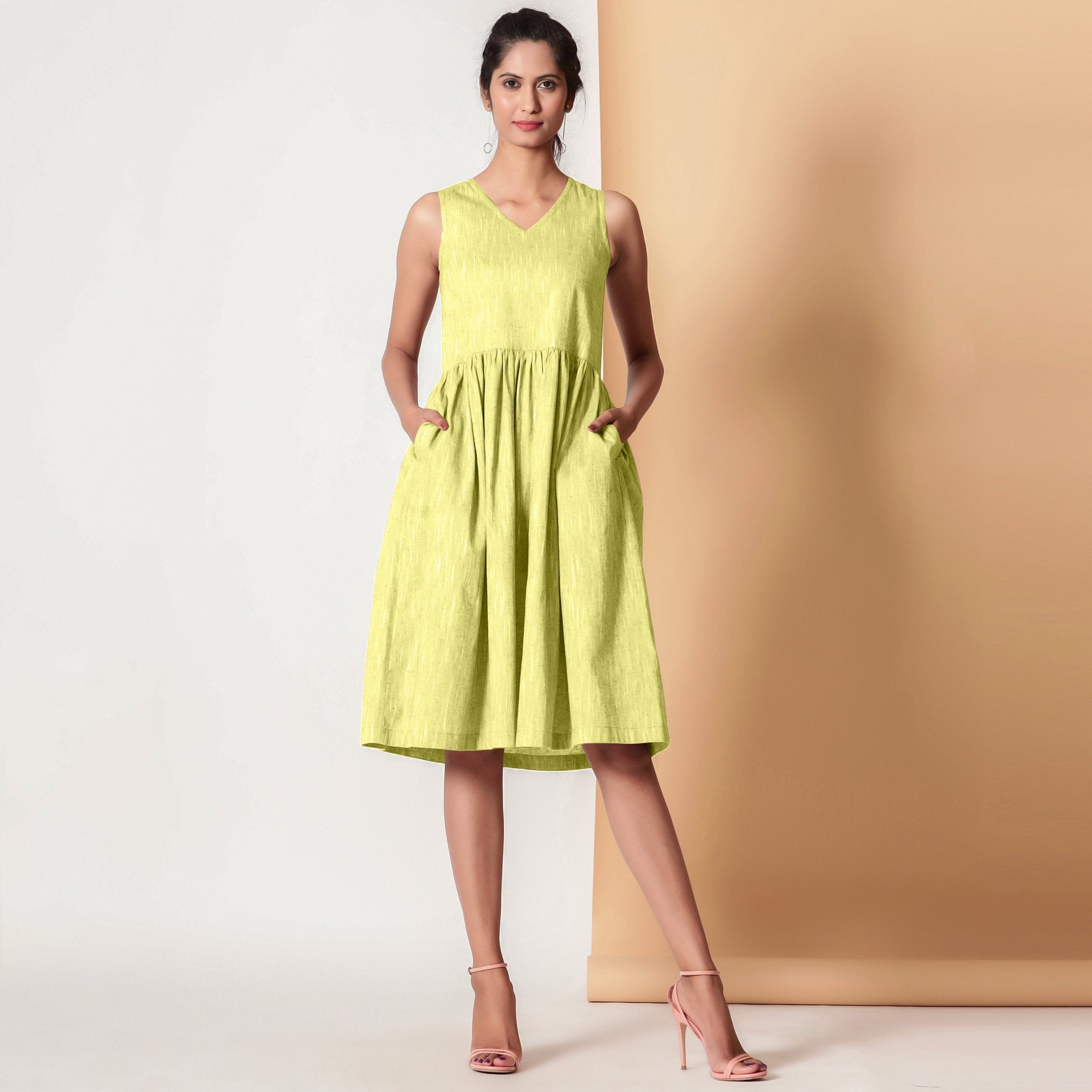 Front View of a Model wearing Lemon Yellow Gathered Yoke Dress