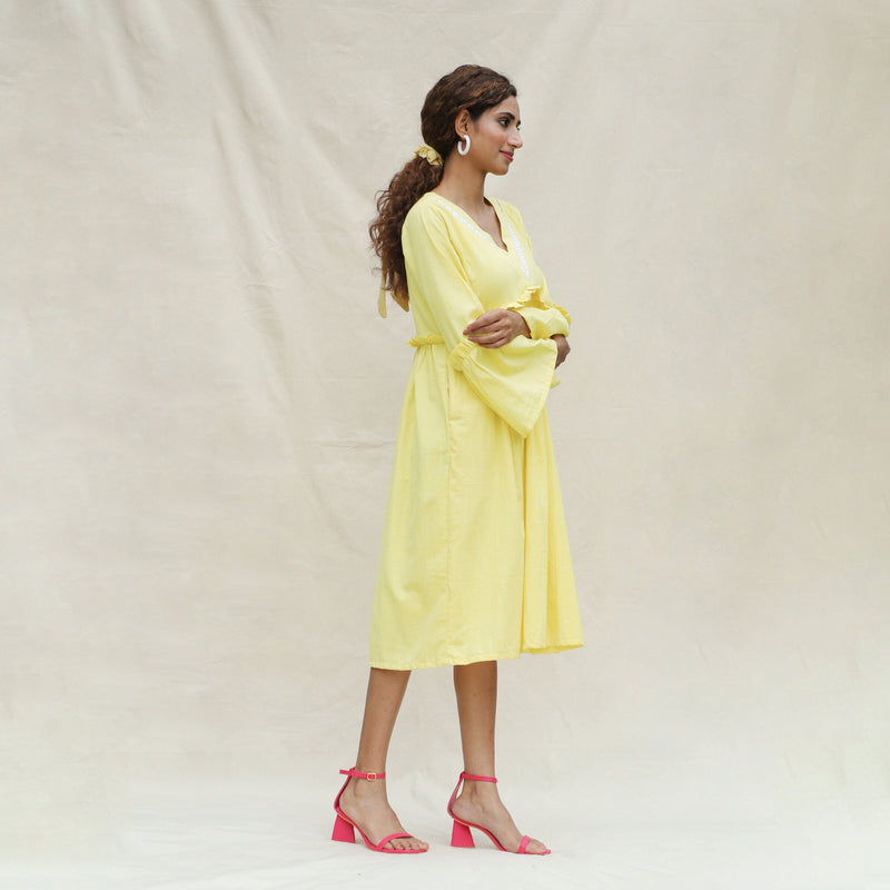 Lemon Yellow Handspun Cotton Bohemian Midi Dress