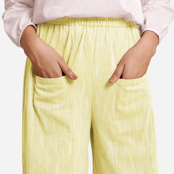 Front Detail of a Model wearing Lemon Yellow Yarn Dyed Cotton Harem Pant