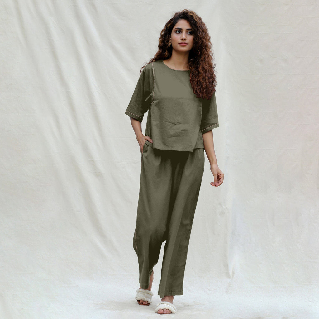 Light Green Cotton Drop Shoulder Sleeves Gathered Top