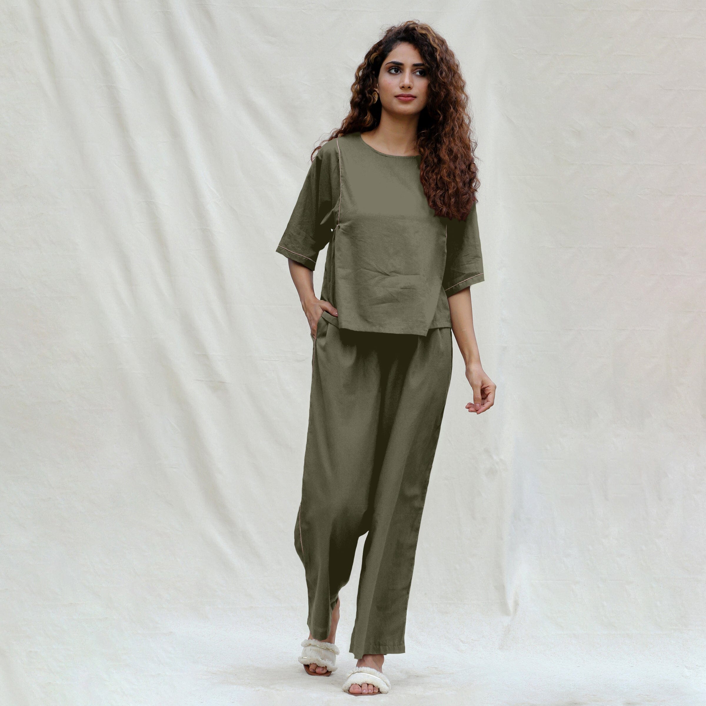 Light Green Cotton Drop Shoulder Sleeves Gathered Top