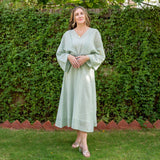 Light Green Cotton Muslin Checkered Maxi Kimono Dress