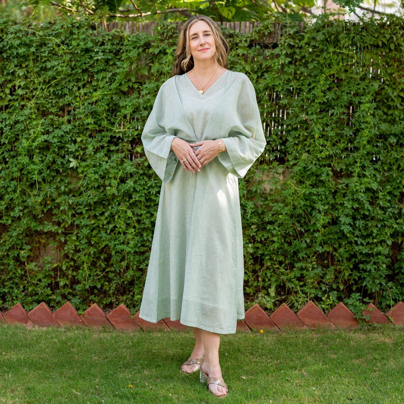 Light Green Cotton Muslin Checkered Maxi Kimono Dress