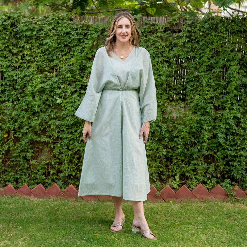 Light Green Cotton Muslin Checkered Maxi Kimono Dress