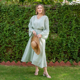 Light Green Cotton Muslin Checkered Maxi Kimono Dress