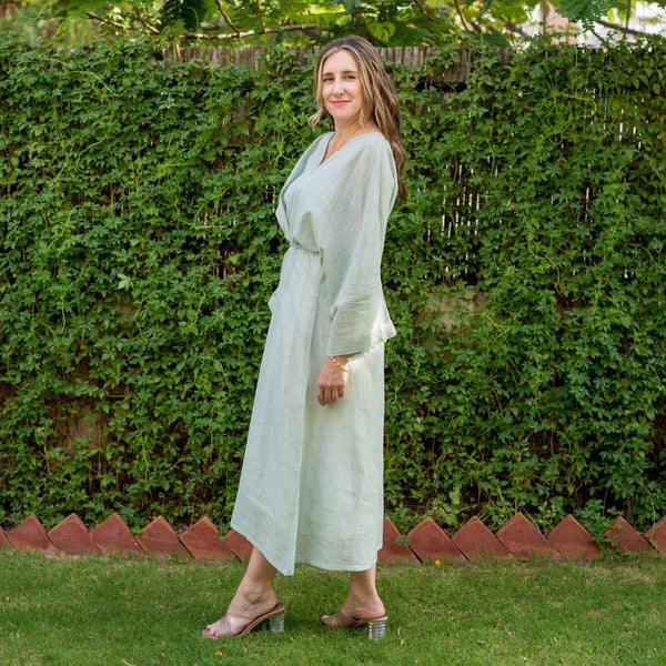 Light Green Cotton Muslin Checkered Maxi Kimono Dress