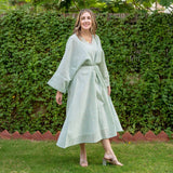 Light Green Cotton Muslin Checkered Maxi Kimono Dress